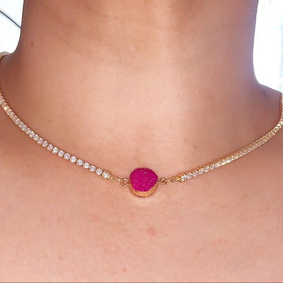 Fuchsia Hot Pink Druzy Tennis Choker - Picture 5 of 7